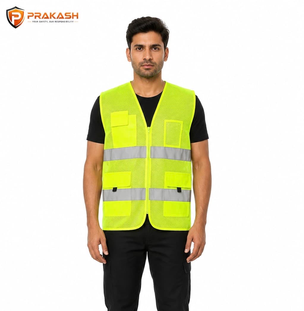 PRAKASH PS- 1 Utility Reflective Safety Jacket | 4 Pocket | ID Card Pocket | Zip Closure | Mesh Fabric | 2H Tape Pattern | 130gsm